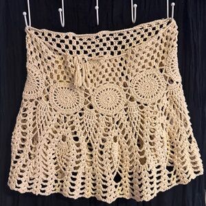Knit Crochet Tan Nude Beige Floral Mandala Skirt Beach High Waisted Cover Up